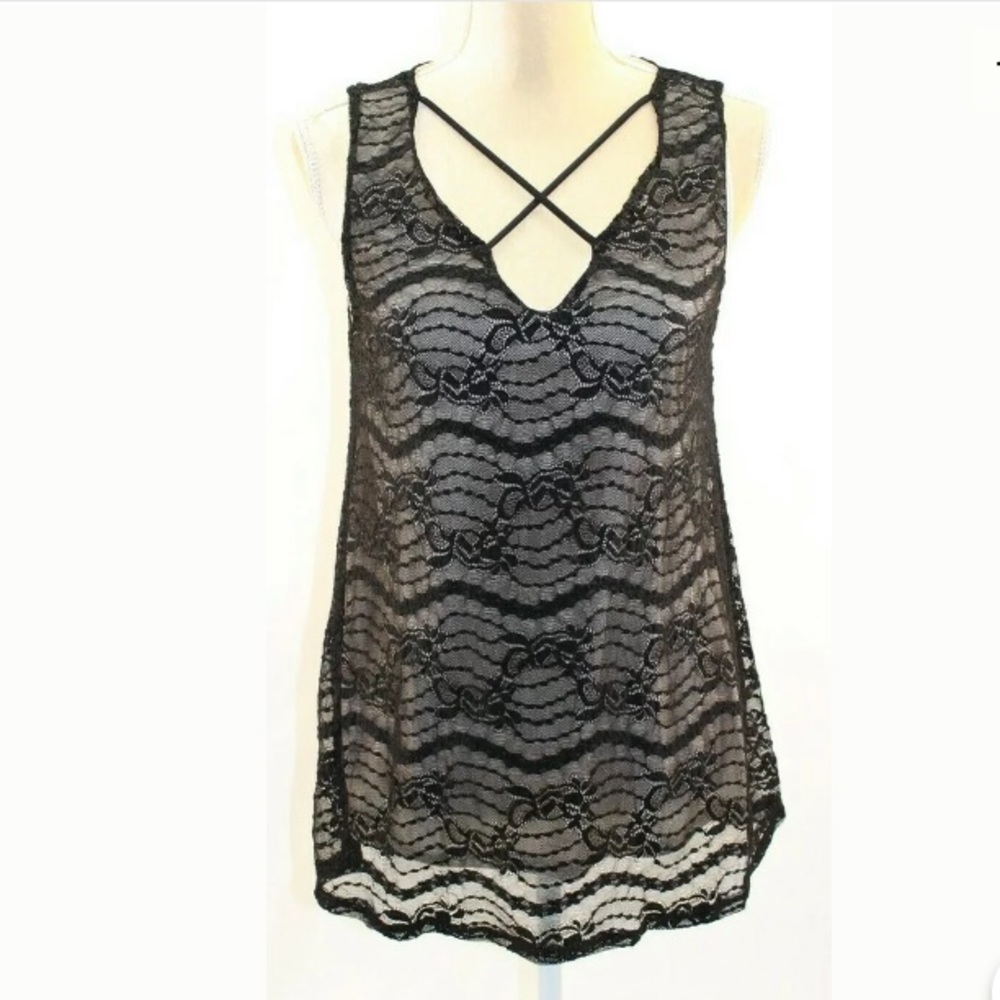 Tank Black Floral Lace Crisscross-Strap V-Neck